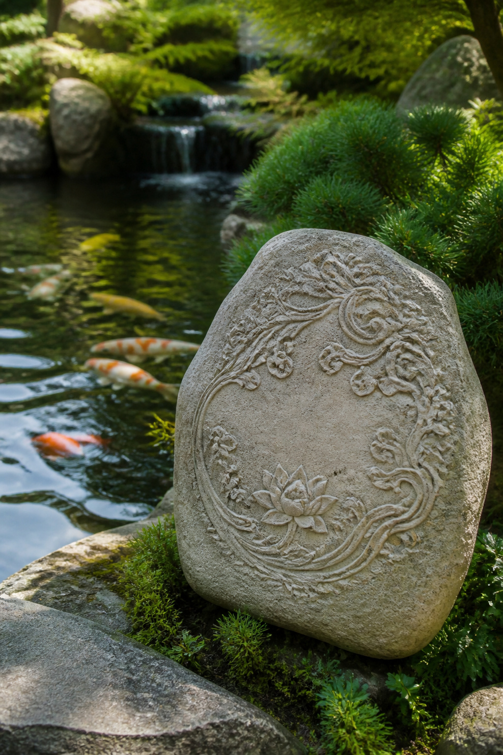 Middle Names for Adalyn: 40 Ideas That Flow 36 A stone with the name Adalyn Suri beside a koi pond.