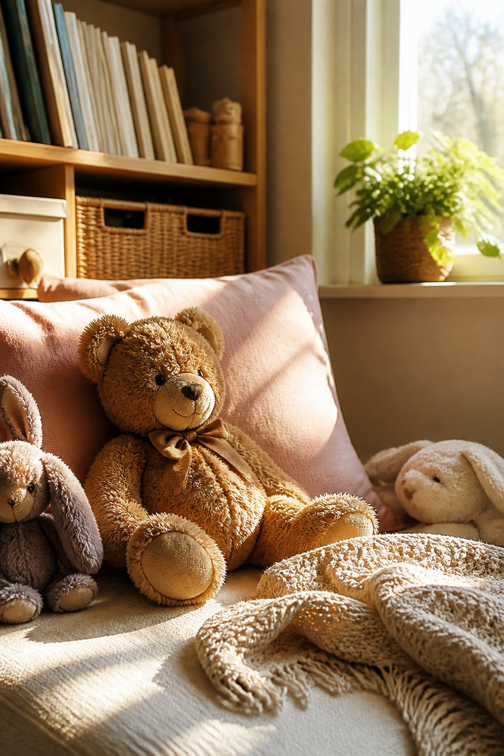 9 Types of Teddy Bear Names for 2026: From Classic to Pop Culture 1 A plush teddy bear named 'Teddy' on a cushion in a cozy nursery.