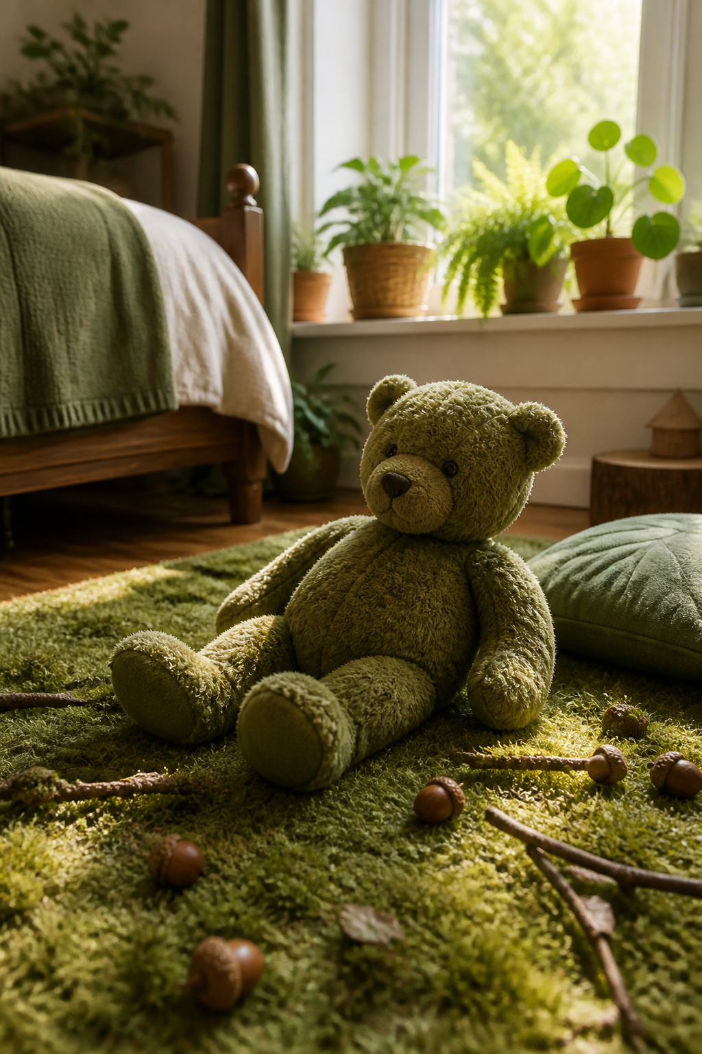9 Types of Teddy Bear Names for 2026: From Classic to Pop Culture 3 A teddy bear named 'Willow' on a rug in a nature-themed bedroom.