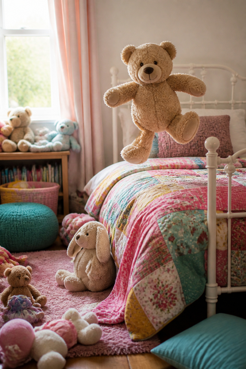 9 Types of Teddy Bear Names for 2026: From Classic to Pop Culture 7 A bright teddy bear named 'Joyful' in a cozy bedroom filled with plush toys.