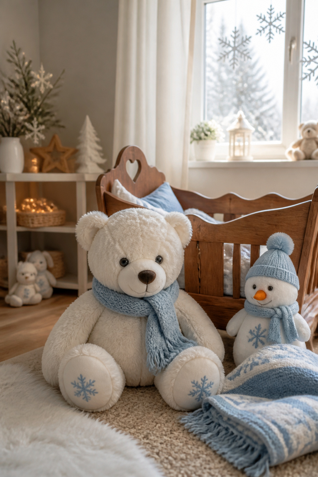 9 Types of Teddy Bear Names for 2026: From Classic to Pop Culture 6 A plush white teddy bear named 'Frosty' next to seasonal decorations.