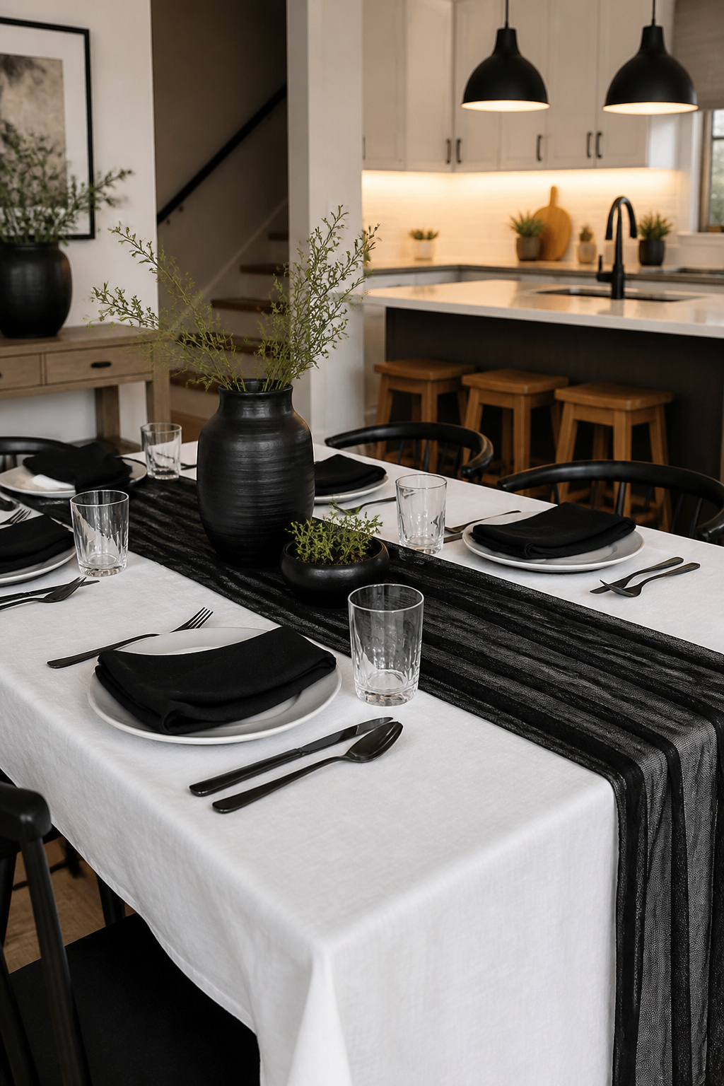 6 Black and White Table Setting Ideas for 2026 1 White tablecloth with a black gauze runner on a wooden dining table.