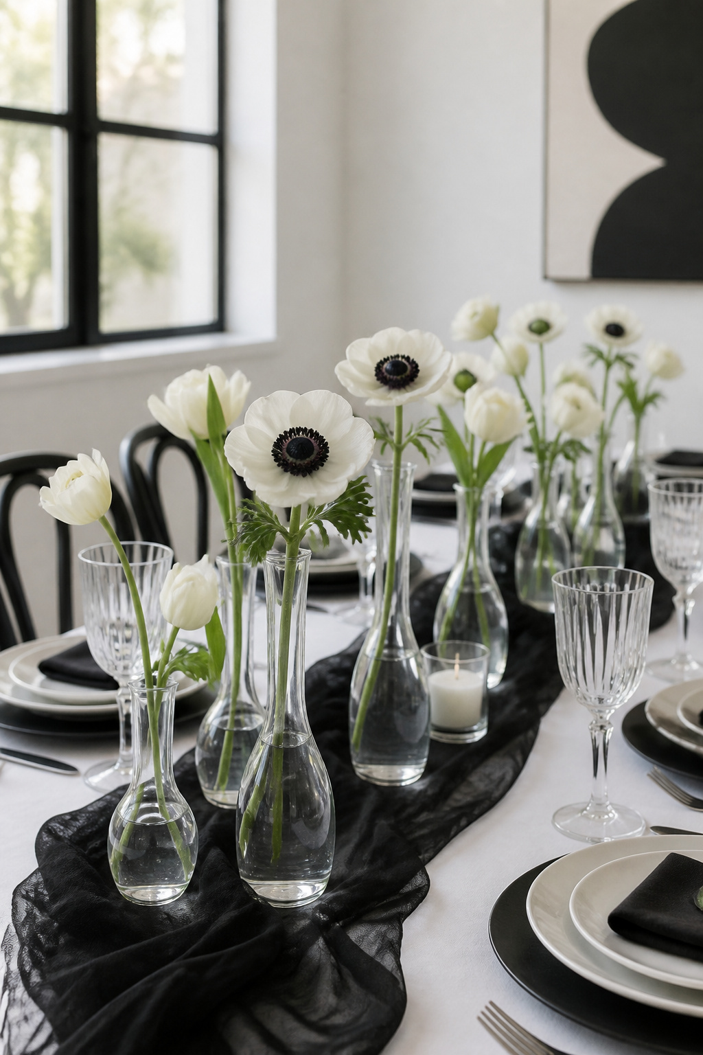 6 Black and White Table Setting Ideas for 2026 2 Centerpiece with panda anemone flowers in bud vases on a table.