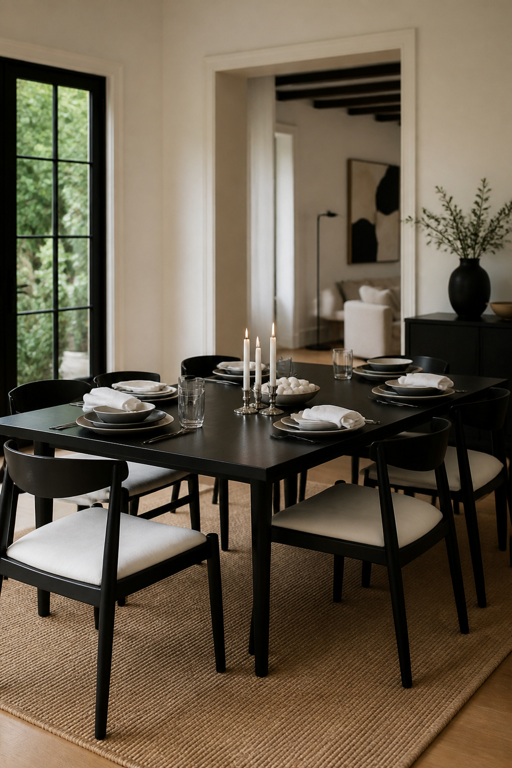 6 Black and White Table Setting Ideas for 2026 4 Beeswax candles in silver candlestick holders on a black and white table.