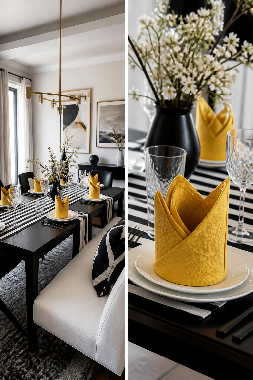 6 Black and White Table Setting Ideas for 2026 5 Black and white table setting with a golden yellow napkin folded decoratively.