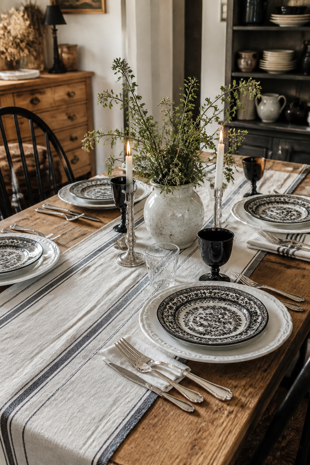 6 Black and White Table Setting Ideas for 2026 8 Eclectic table setting with Black Lace Noritake china and mismatched plates.