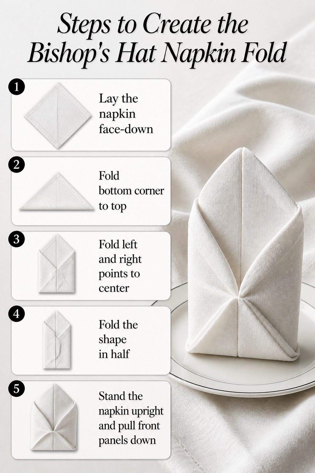 6 Black and White Table Setting Ideas for 2026 9 Steps to create the Bishop's Hat napkin fold with a cotton linen napkin.