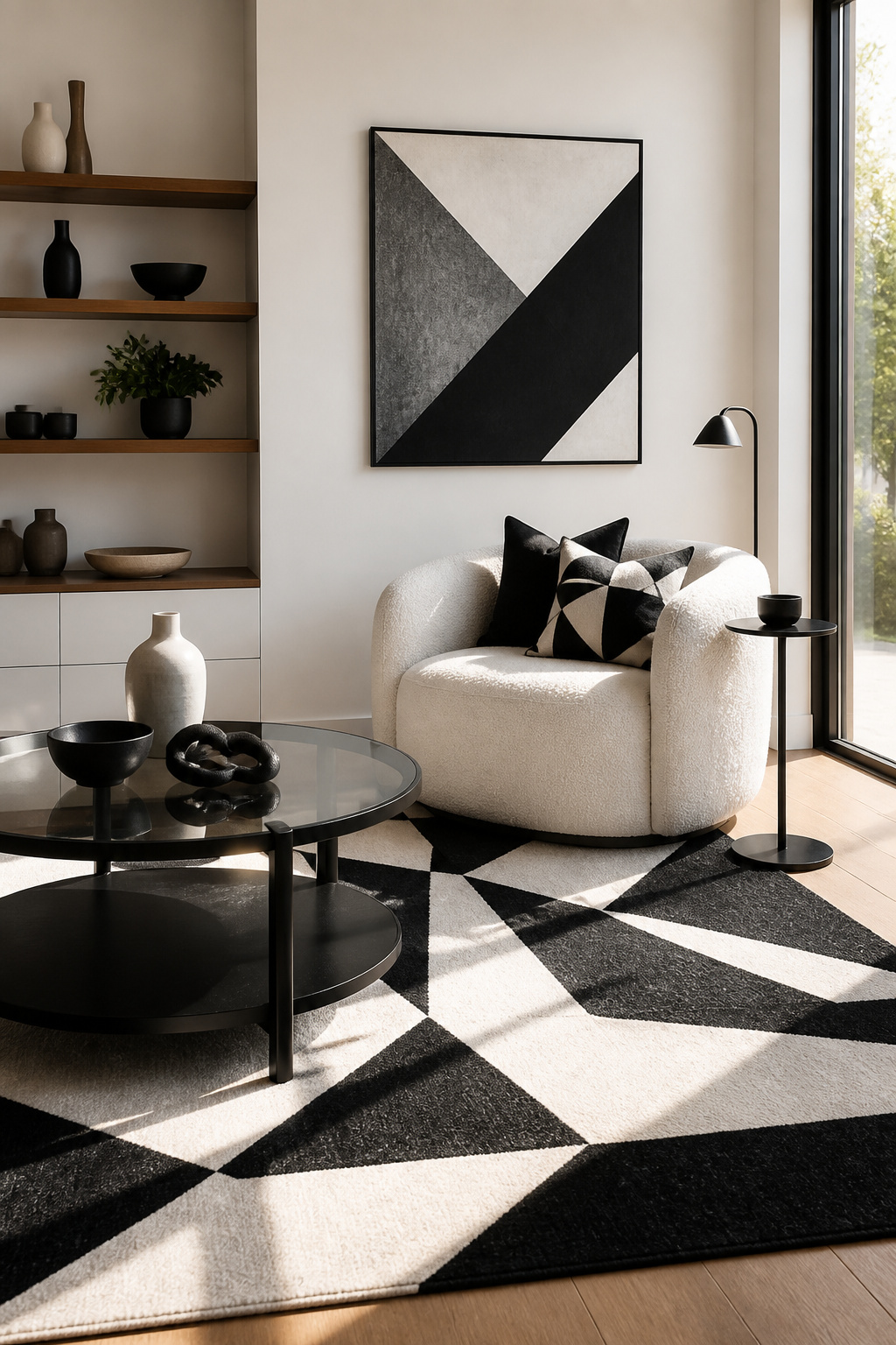 12 Black White Decor Ideas for Every Room in 2026 1 A triangular black and white rug under a curved chair and coffee table.