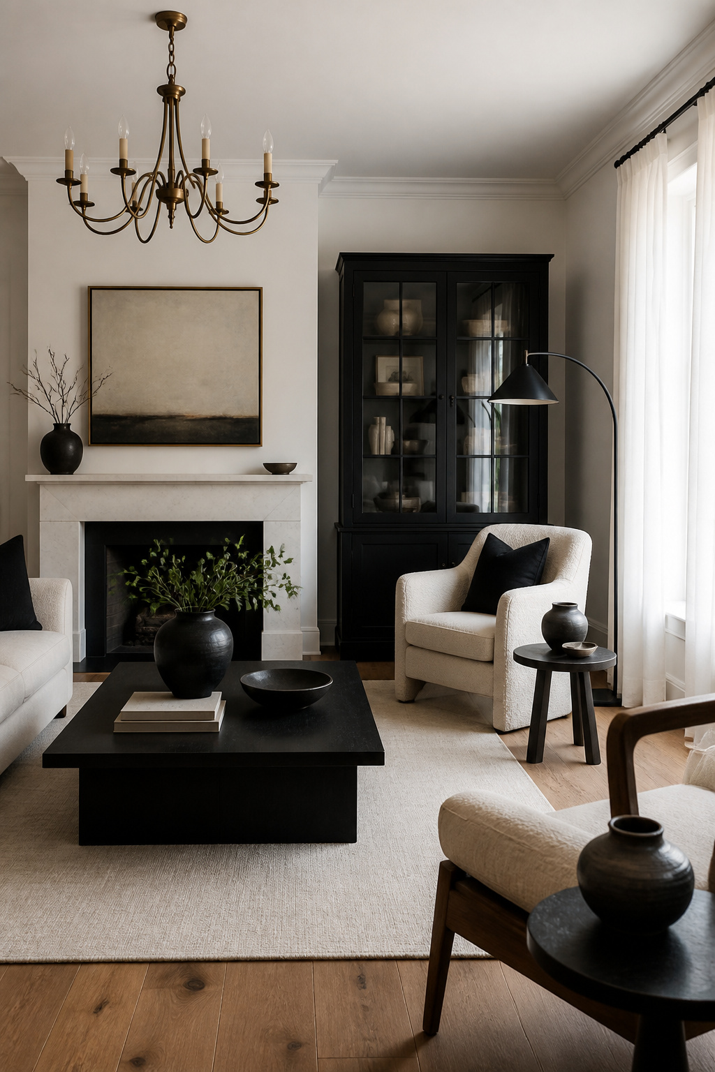 12 Black White Decor Ideas for Every Room in 2026 10 A vintage chandelier and a black floor lamp in a living room.