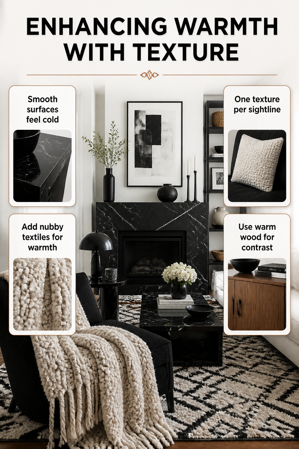 12 Black White Decor Ideas for Every Room in 2026 13 A bouclé throw draped over a chair beside a lacquered side table.