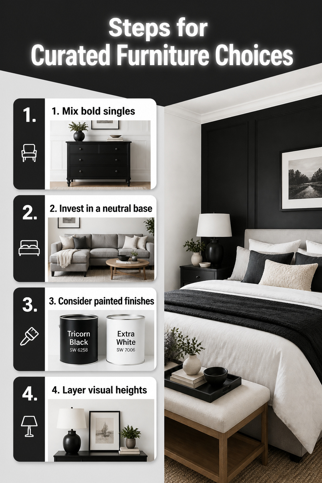 12 Black White Decor Ideas for Every Room in 2026 15 A mix of furniture pieces in a black and white room.