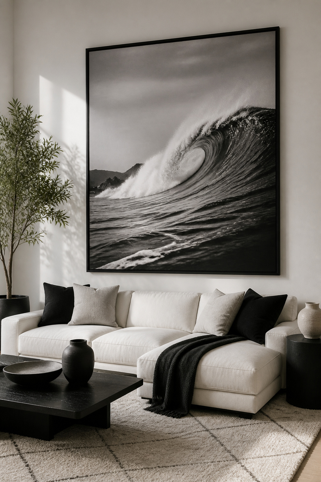 12 Black White Decor Ideas for Every Room in 2026 2 A large black and white photograph hanging alone on a wall.