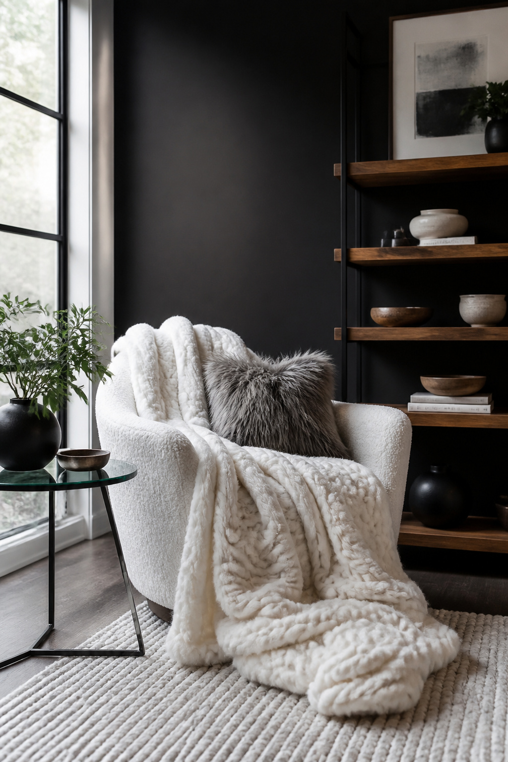 12 Black White Decor Ideas for Every Room in 2026 3 A white chair with a bouclé throw and a faux fur pillow.