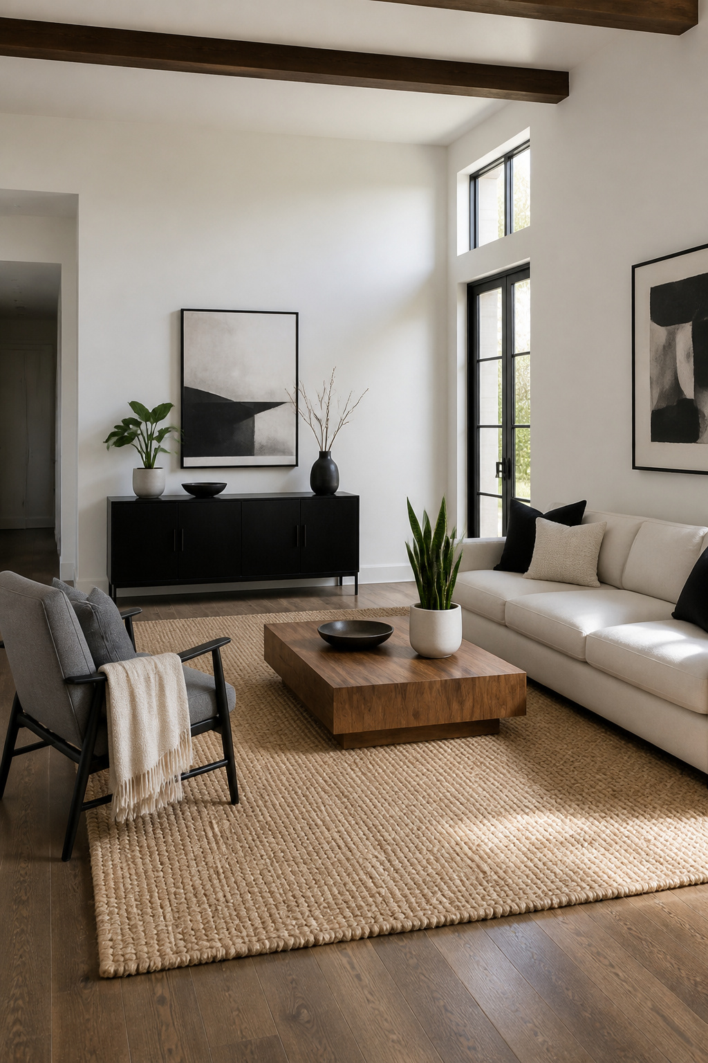 12 Black White Decor Ideas for Every Room in 2026 4 Wood accents and greenery complement a black and white room.