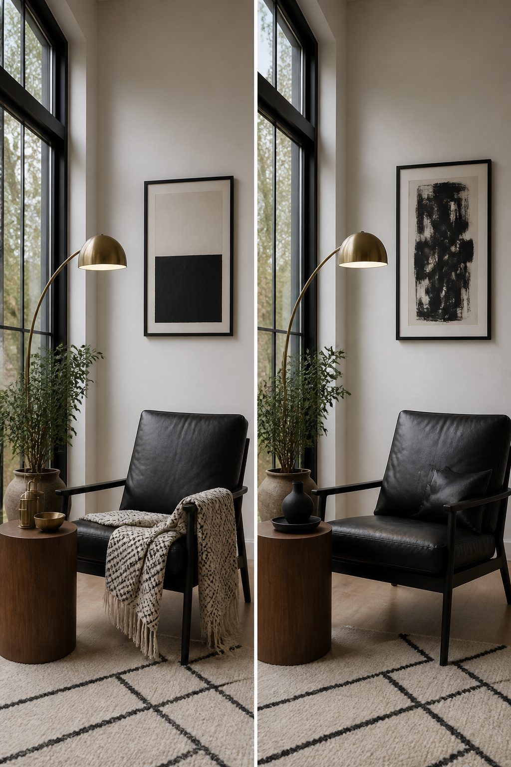 12 Black White Decor Ideas for Every Room in 2026 5 Brass accents in various heights placed around a black and white room.
