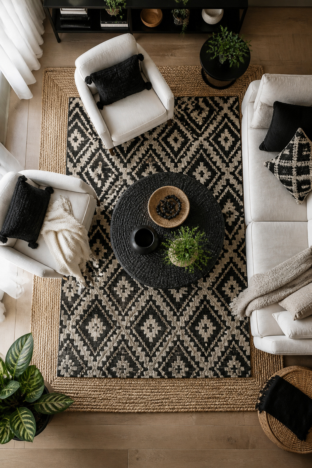 12 Black White Decor Ideas for Every Room in 2026 6 A patterned rug layered over a large natural-fiber base rug.