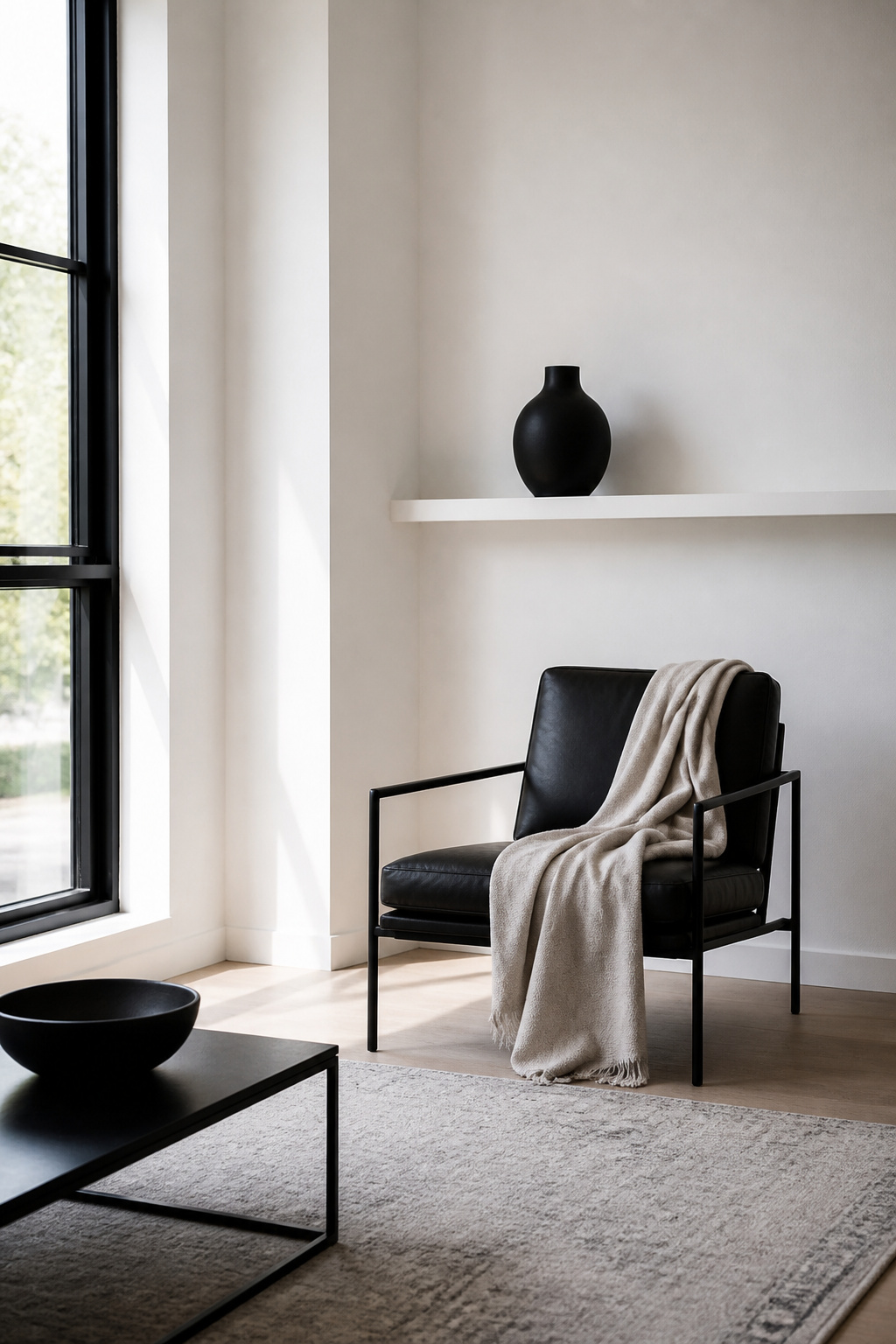 12 Black White Decor Ideas for Every Room in 2026 8 A matte black vase on a shelf against a white wall.
