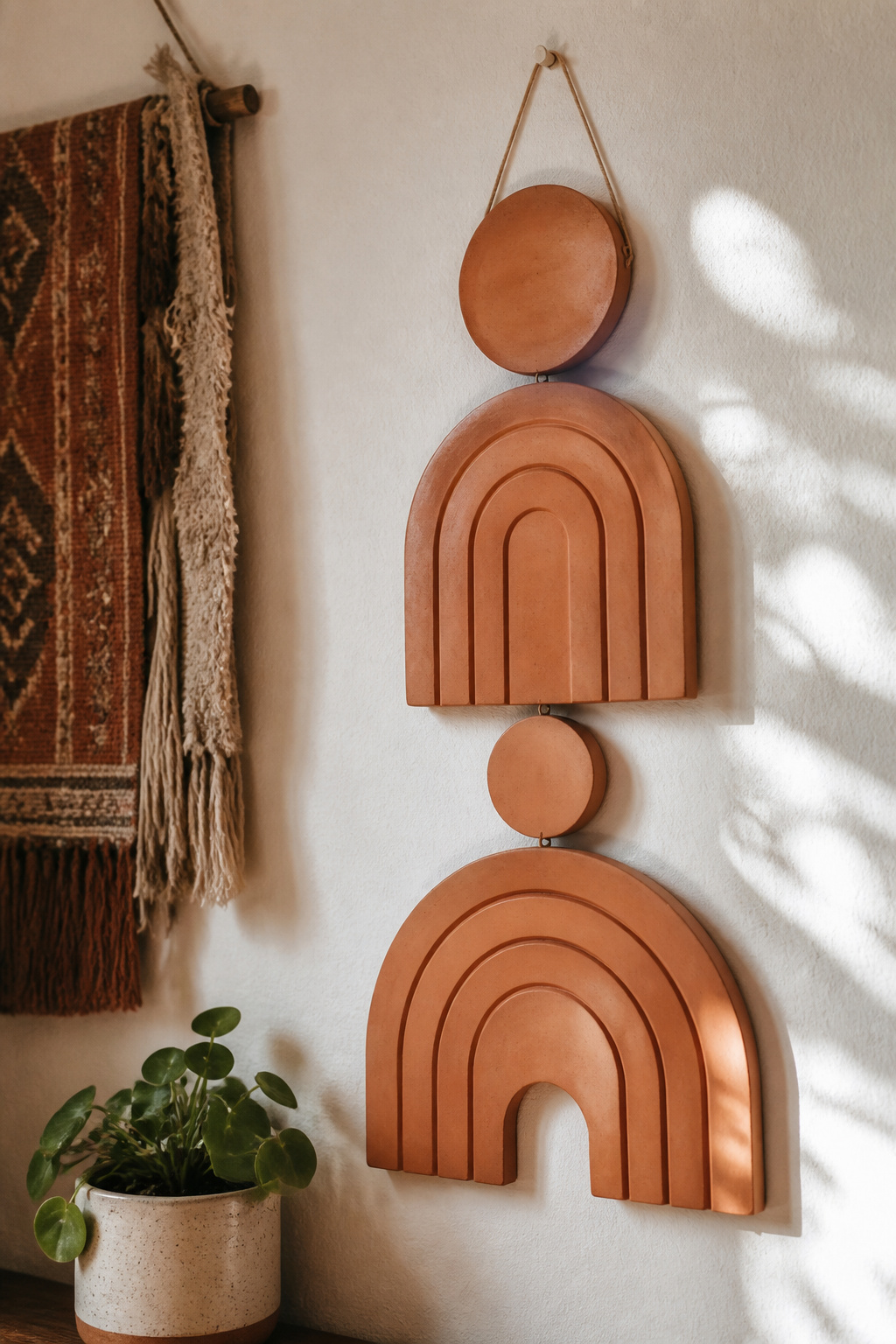 30 DIY Bohemian Decorating Ideas for Every Room in 2026 1 A clay wall hanging featuring circles and arches in a bohemian style.