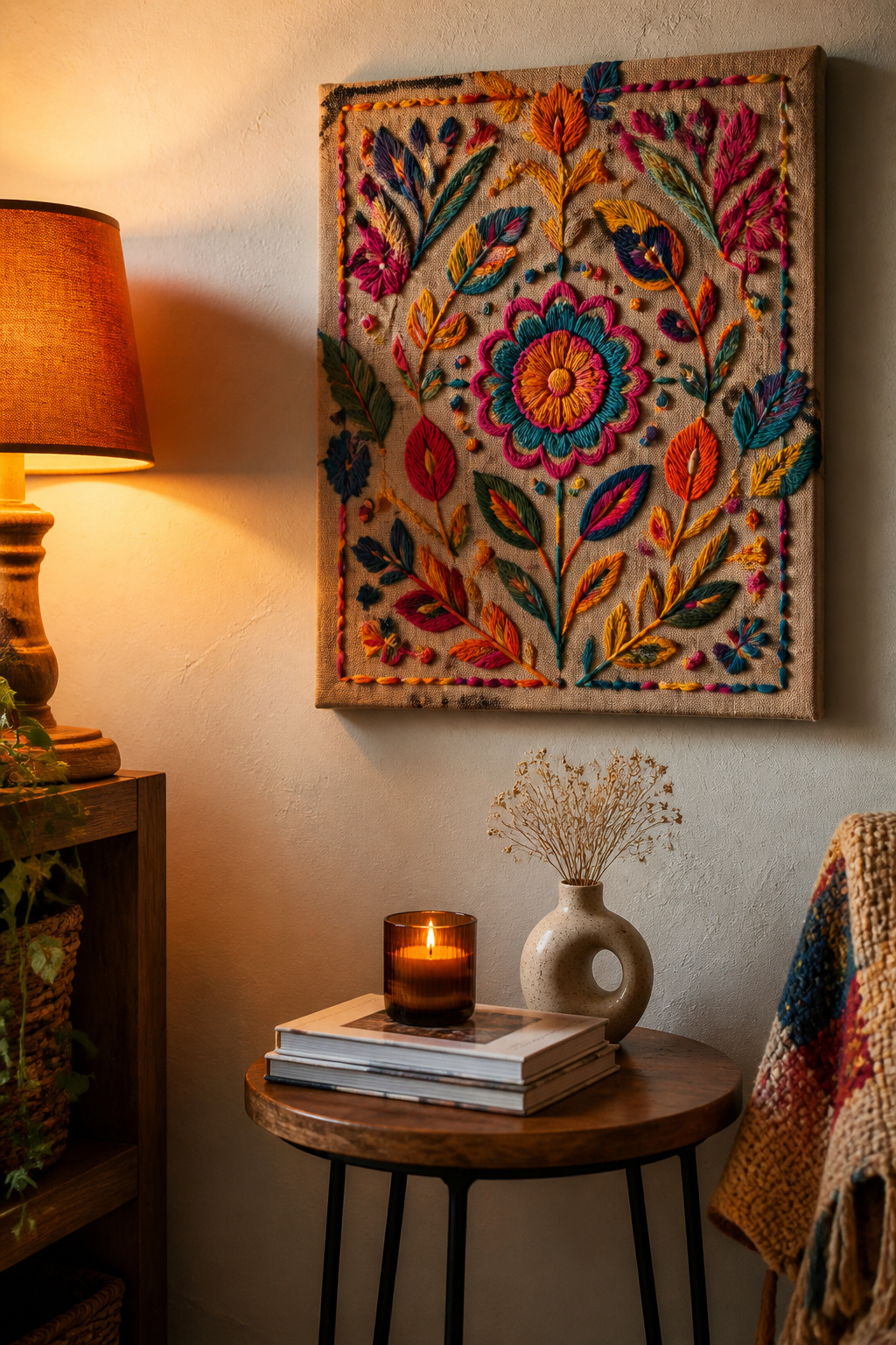30 DIY Bohemian Decorating Ideas for Every Room in 2026 11 A piece of embroidered fabric stretched over a canvas frame.