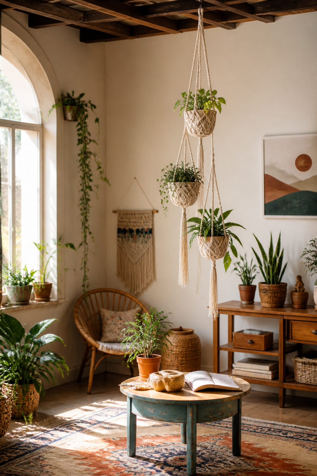 30 DIY Bohemian Decorating Ideas for Every Room in 2026 12 A macrame holder featuring three staggered plant pots.