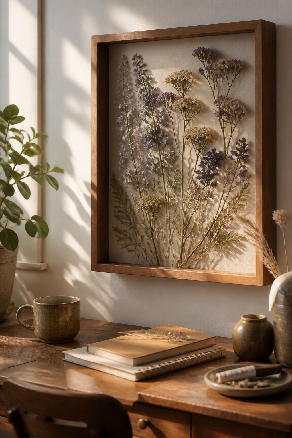 30 DIY Bohemian Decorating Ideas for Every Room in 2026 13 A shadow box filled with pressed flowers arranged decoratively.