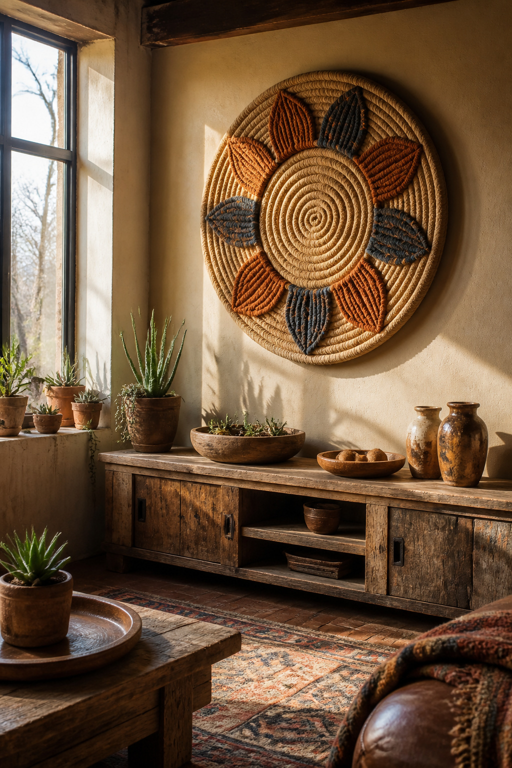 30 DIY Bohemian Decorating Ideas for Every Room in 2026 14 Coiled sisal rope wall decor with painted accents.