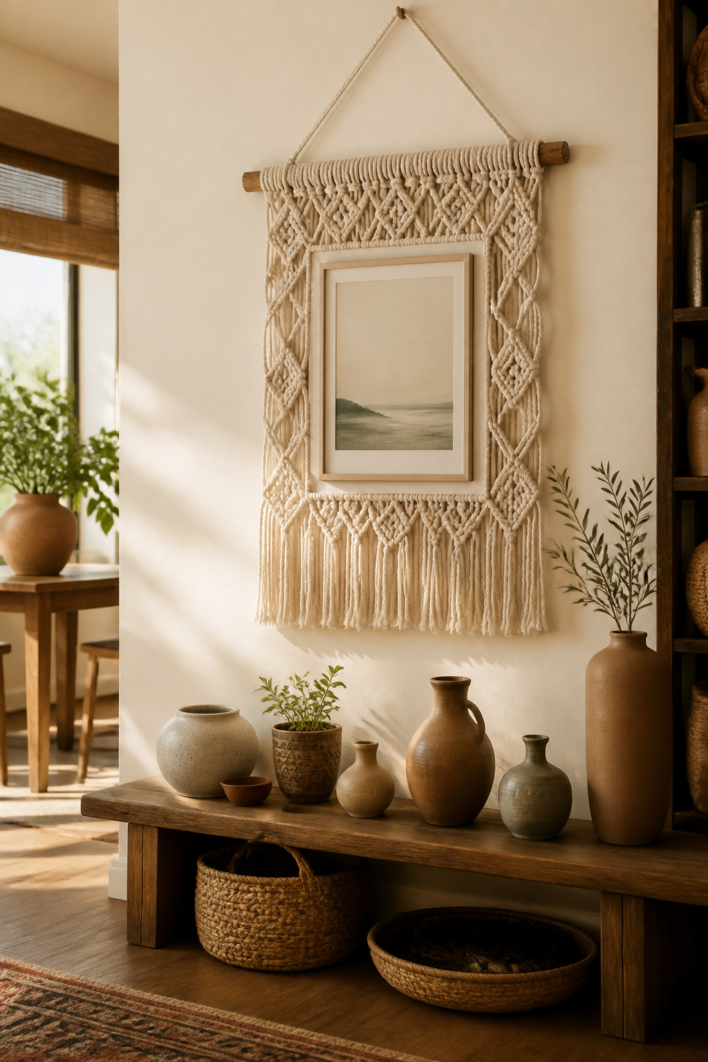 30 DIY Bohemian Decorating Ideas for Every Room in 2026 16 A picture frame wrapped in macrame cord with decorative knots.