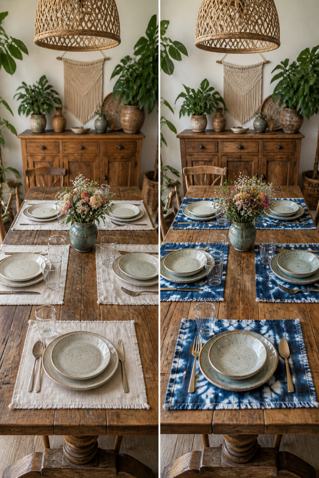 30 DIY Bohemian Decorating Ideas for Every Room in 2026 17 Cotton placemats dyed with indigo using shibori techniques.