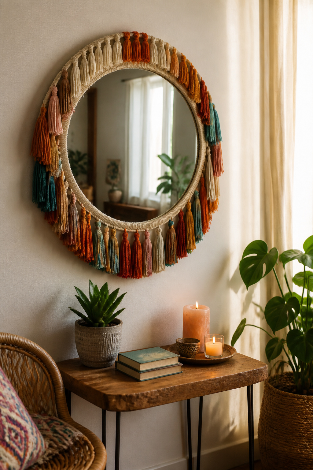 30 DIY Bohemian Decorating Ideas for Every Room in 2026 18 A mirror adorned with colorful yarn tassels around its edge.