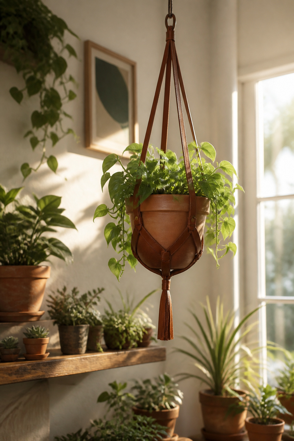 30 DIY Bohemian Decorating Ideas for Every Room in 2026 19 A plant pot holder made from scrap leather.