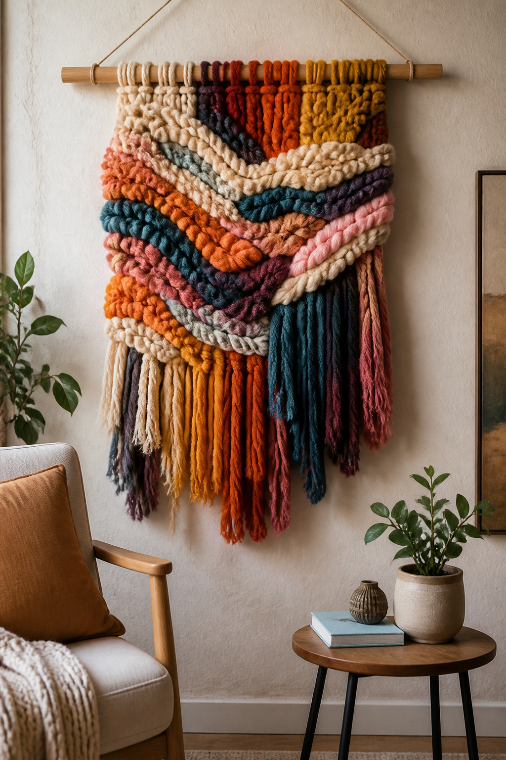 30 DIY Bohemian Decorating Ideas for Every Room in 2026 20 A wall hanging made of chunky yarn in various colors.