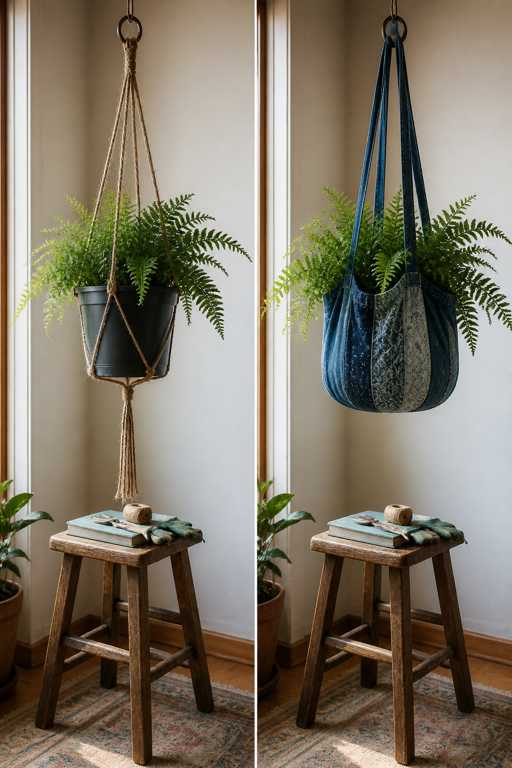 30 DIY Bohemian Decorating Ideas for Every Room in 2026 25 Various hanging planters made from leather, metal, and fabric.