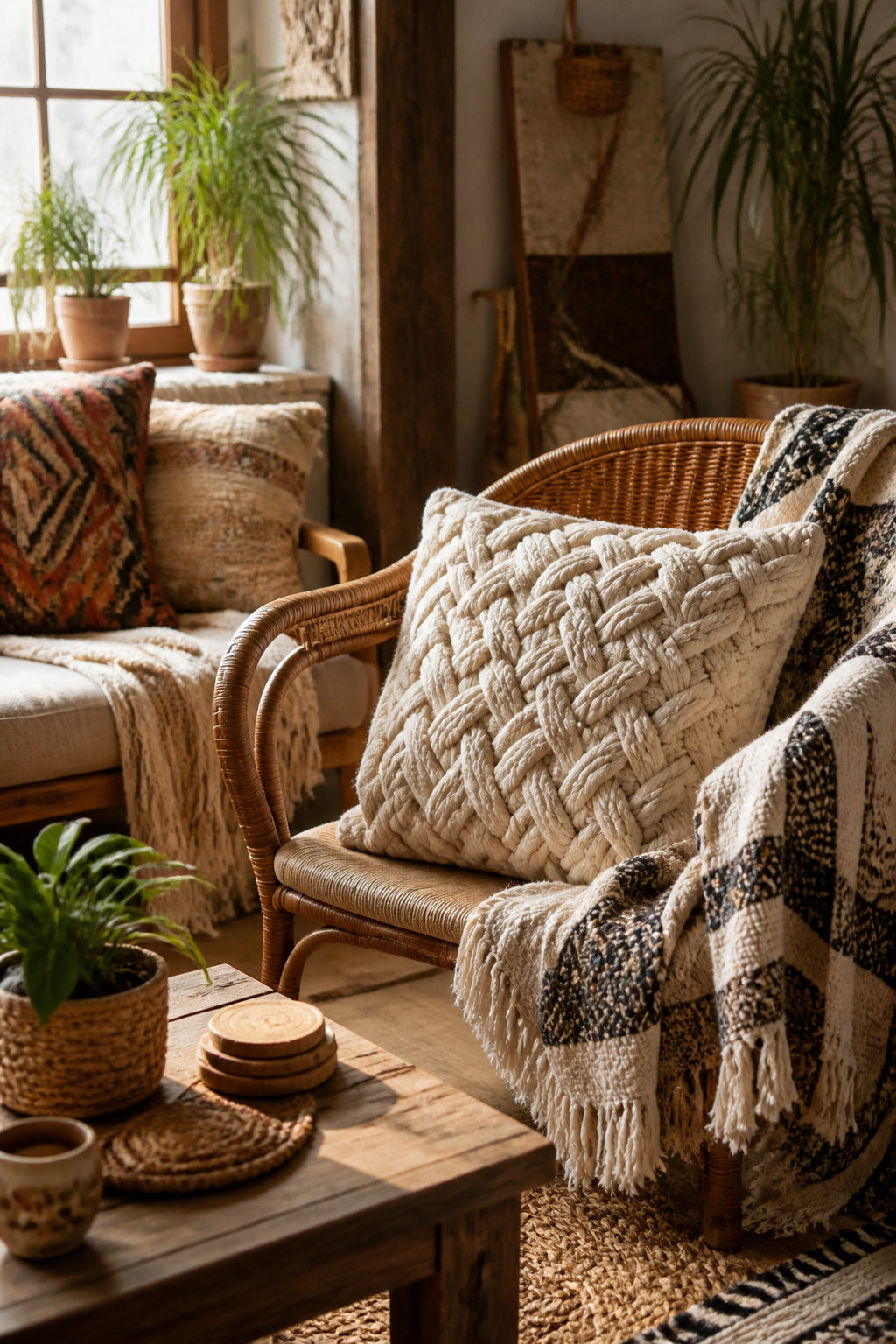 30 DIY Bohemian Decorating Ideas for Every Room in 2026 27 A pillow made from tightly twisted cotton rope.