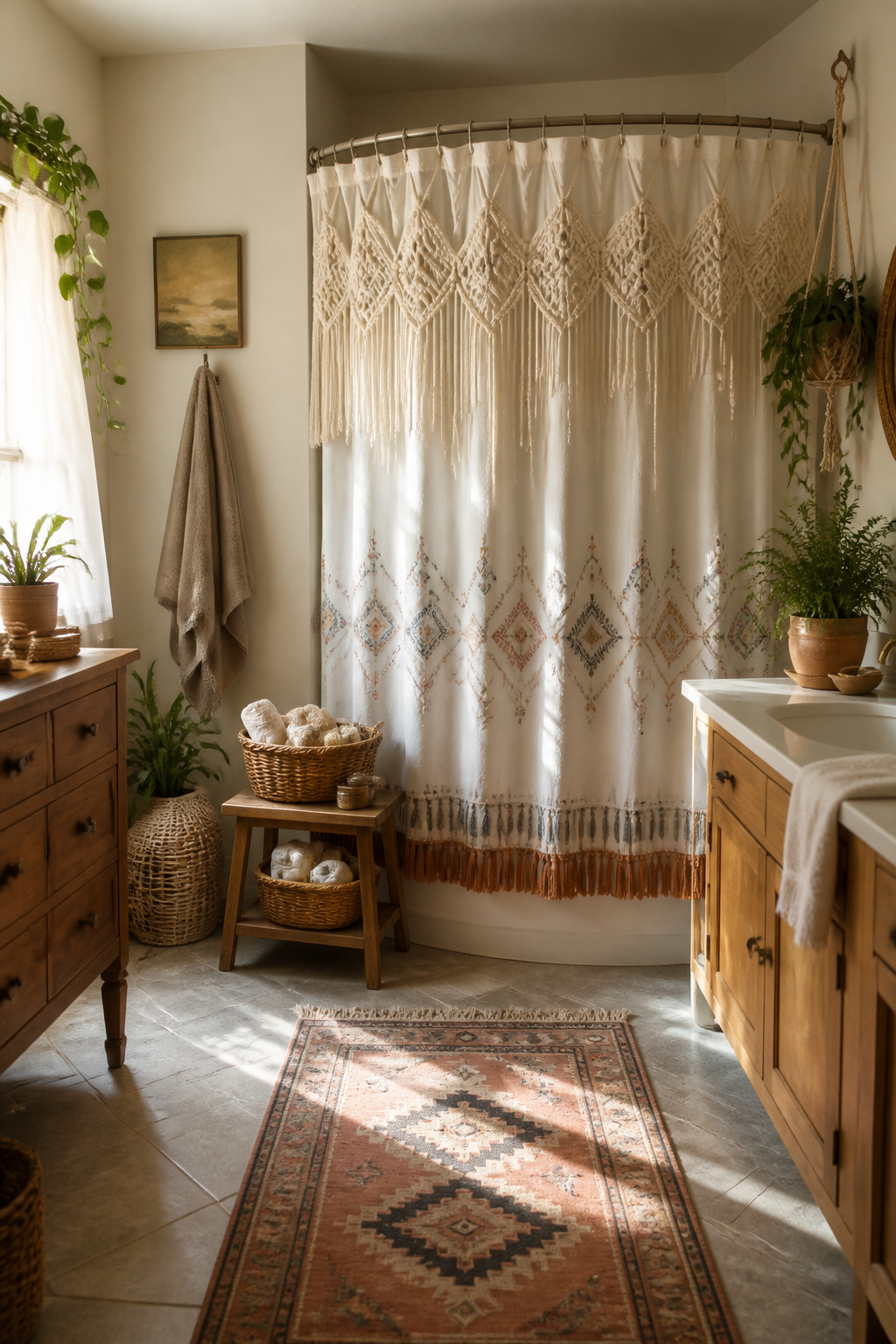 30 DIY Bohemian Decorating Ideas for Every Room in 2026 28 A white shower curtain embellished with fringe and tassels.