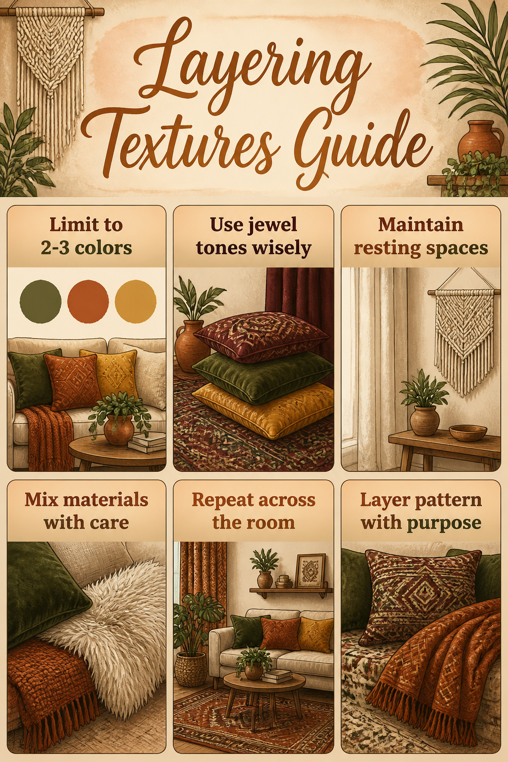 30 DIY Bohemian Decorating Ideas for Every Room in 2026 33 A guide on layering textures in bohemian decor.