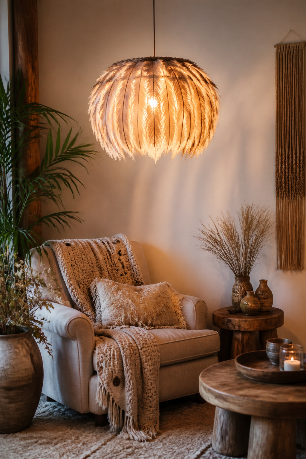 30 DIY Bohemian Decorating Ideas for Every Room in 2026 4 A feather lampshade hanging above a reading nook with warm lighting.