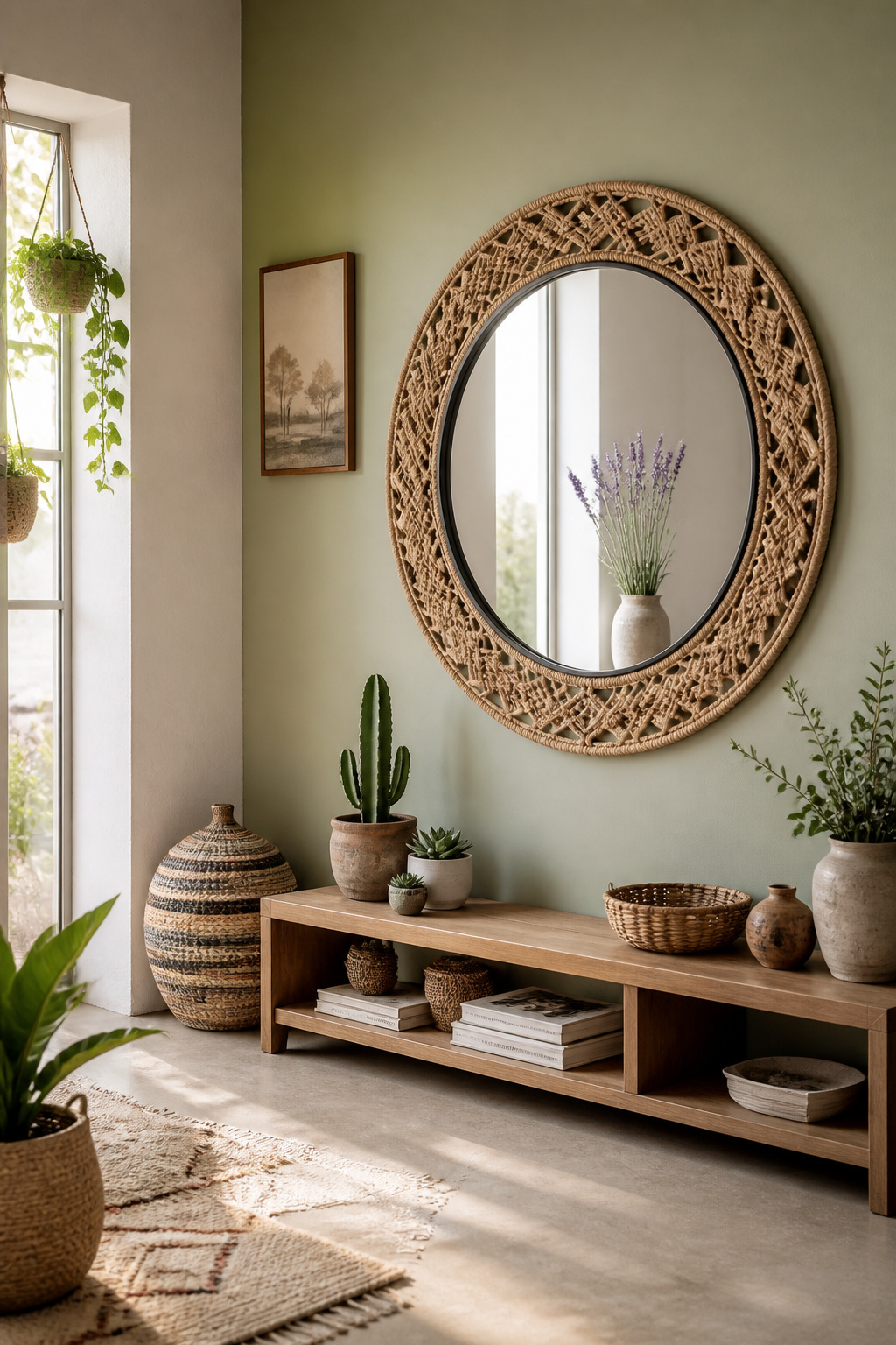 30 DIY Bohemian Decorating Ideas for Every Room in 2026 5 A mirror wrapped in jute and macrame, enhancing a bohemian aesthetic.
