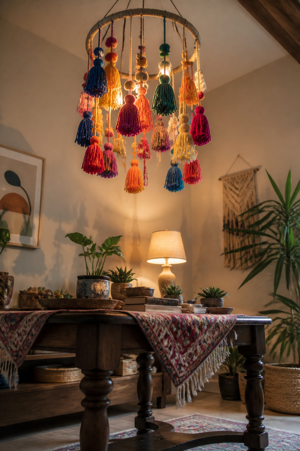 30 DIY Bohemian Decorating Ideas for Every Room in 2026 7 A chandelier made of yarn tassels hanging from the ceiling.