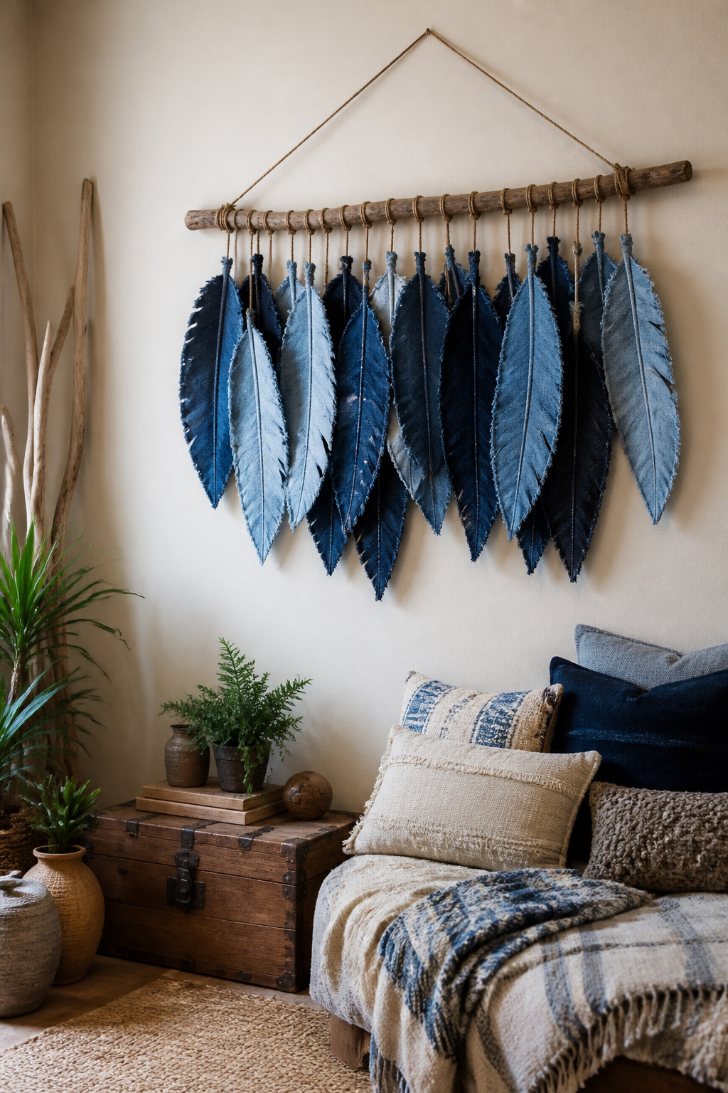 30 DIY Bohemian Decorating Ideas for Every Room in 2026 8 A wall hanging made of denim feathers arranged on a driftwood rod.