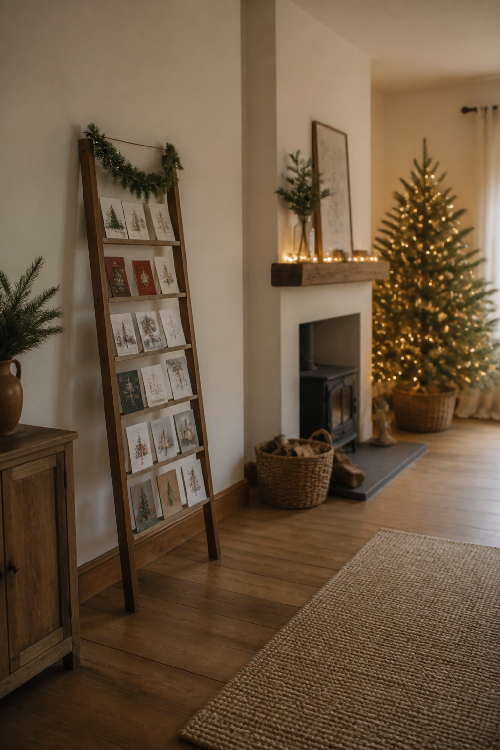 A ladder displaying Christmas cards between angled rungs.