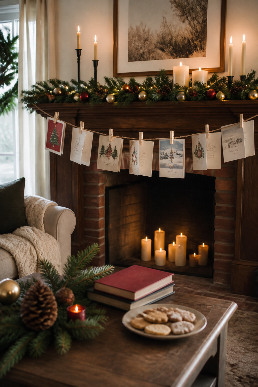 A garland of Christmas cards displayed on a mantel.