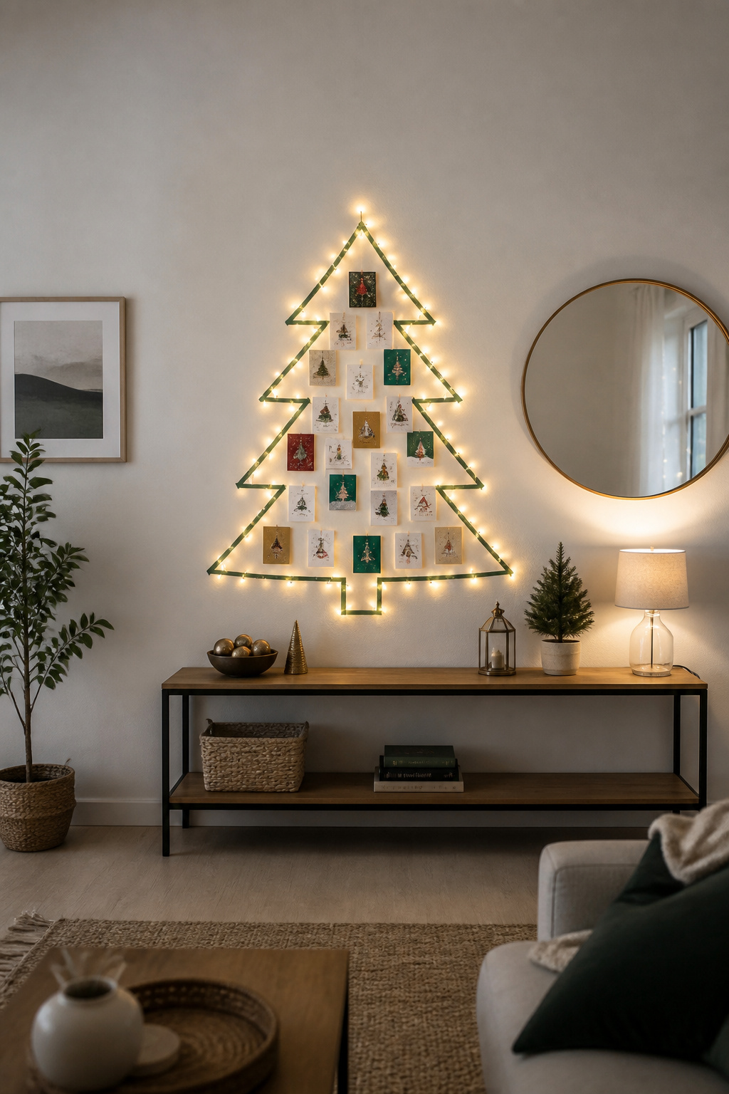 A wall display of Christmas cards in a tree outline with washi tape.