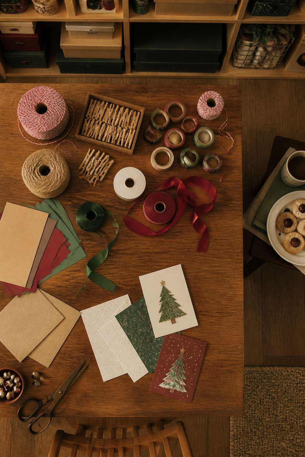 Clothespins and twine used for hanging Christmas cards.