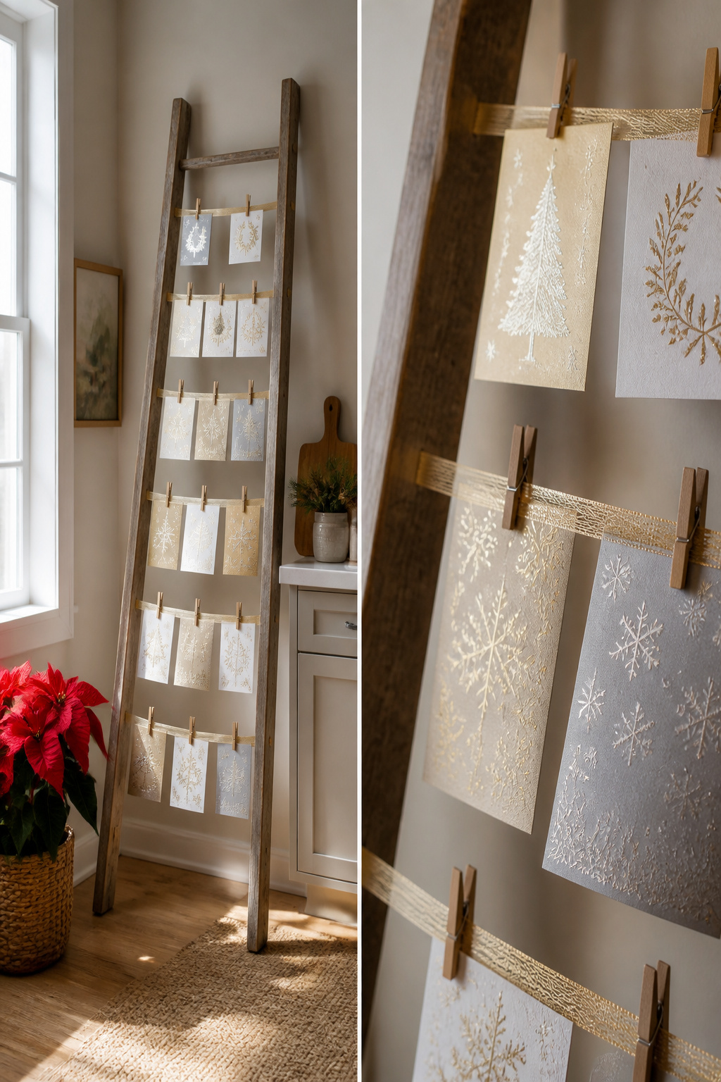 A ladder with ribbons strung for hanging Christmas cards.