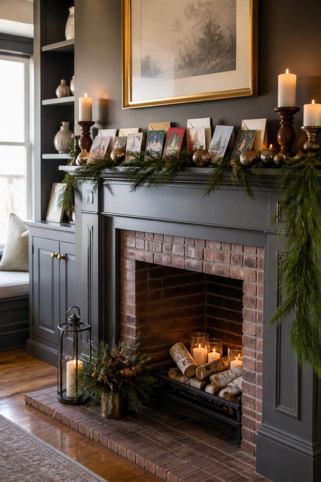 Christmas cards harmoniously arranged with holiday decorations on a mantel.