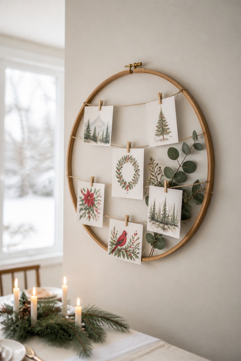 A round embroidery hoop holding Christmas cards.