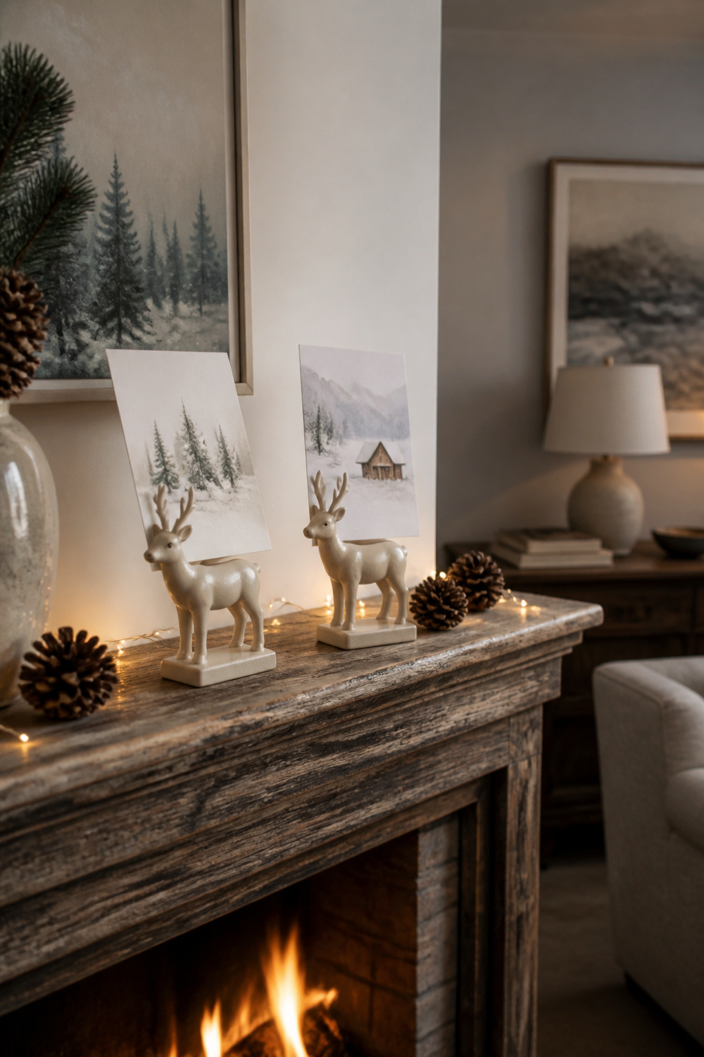 Two ceramic deer displaying Christmas cards on a mantel.