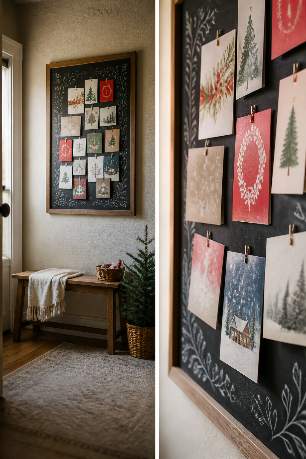 A chalkboard frame holding Christmas cards.