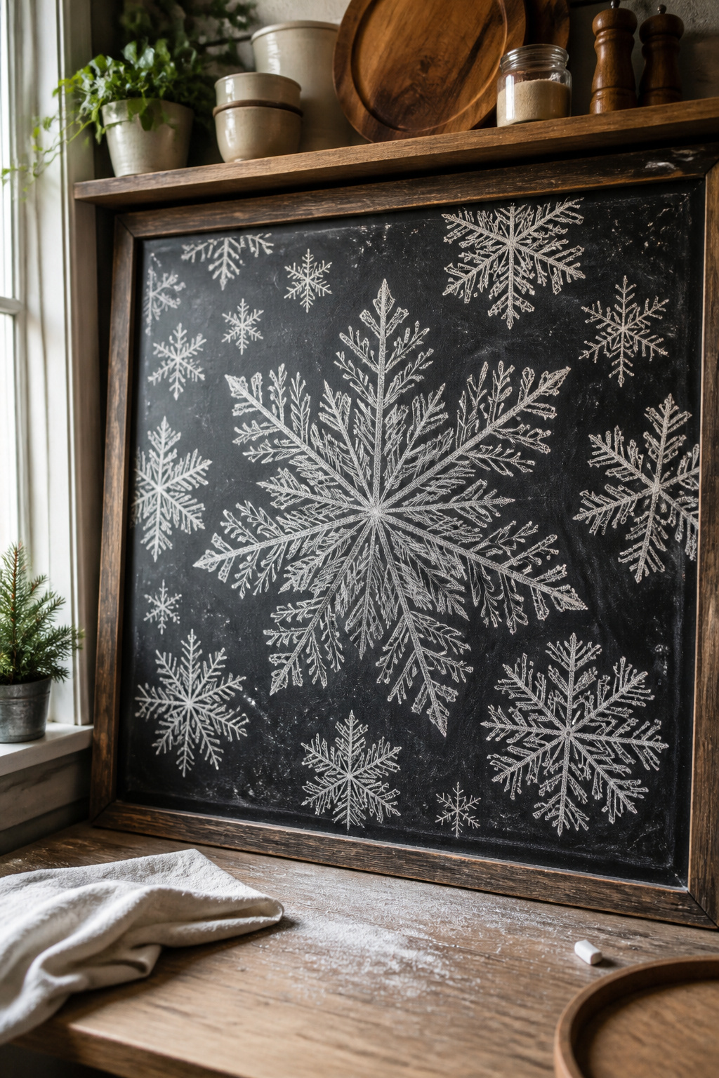 A large snowflake surrounded by smaller snowflakes on a chalkboard.