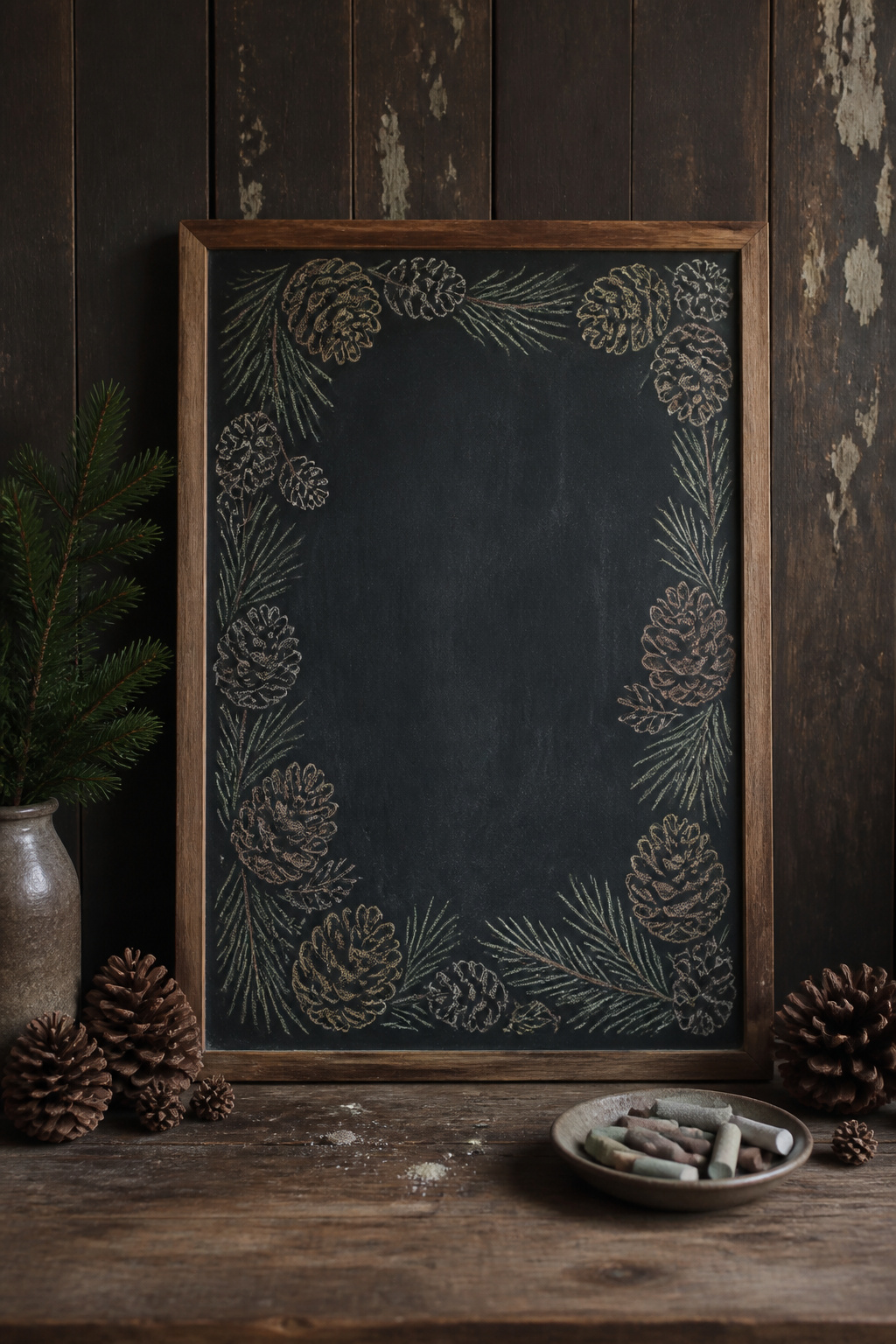Overlapping pinecones and needles create a border on a chalkboard.